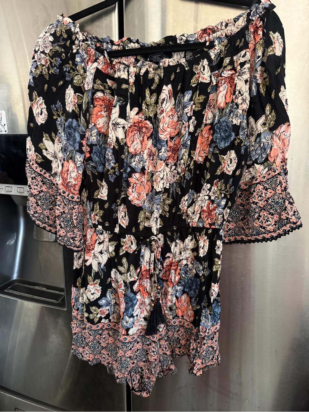 Angie Black Floral Off-Shoulder Romper with Peach and Blue Blooms